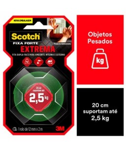 Fita Dupla Face Scotch® Fixa Forte Fixação Extrema, 12 mm x 2 m