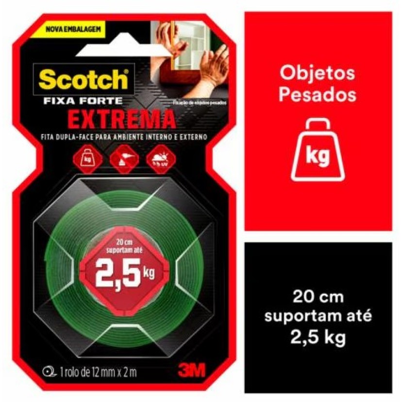 Fita Dupla Face Scotch® Fixa Forte Fixação Extrema, 12 mm x 2 m