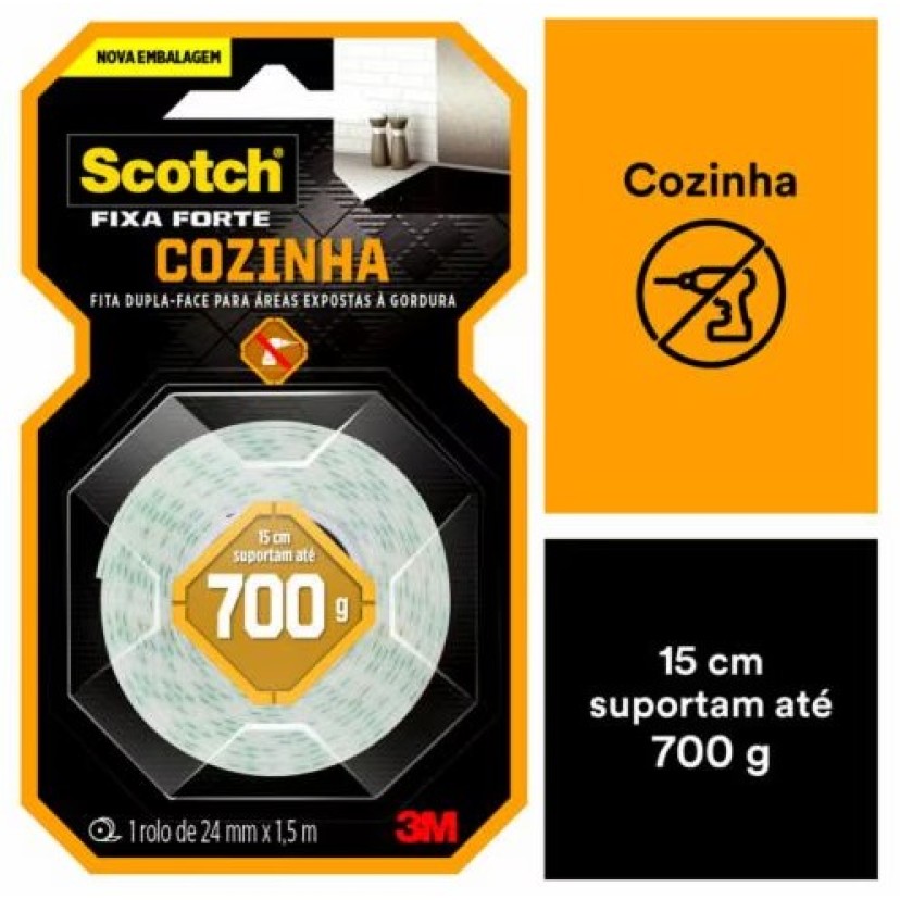 Fita Dupla Face Scotch® Fixa Forte Cozinha, 24 mm x 1,5 m