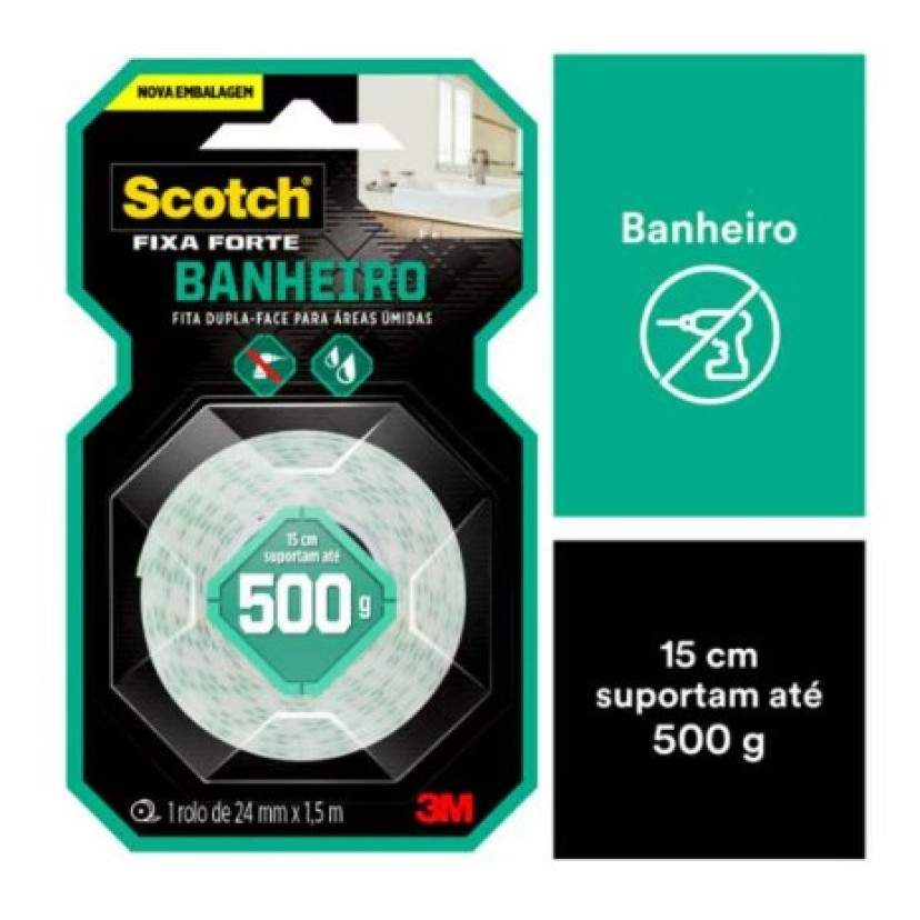 Fita Dupla Face 3M™ Scotch® Fixa Forte, Banheiros, 24 mm x 1,5 m