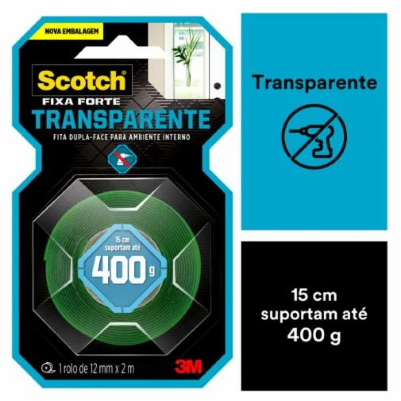 Fita Dupla Face 3M Scotch Fixa Forte, Transparente 19mm x 2m