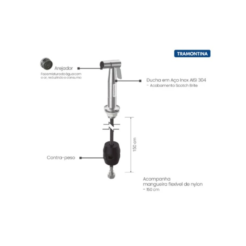 Ducha Manual Cozinha Tramontina em Aco Inox com Extensor 94516000