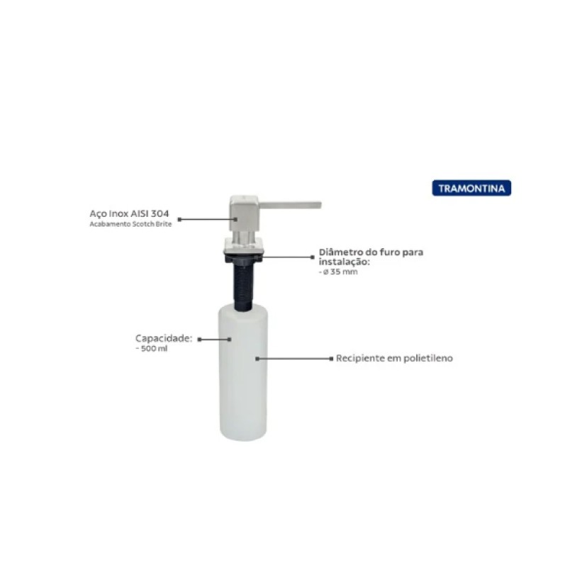 Dosador de Sabão 500 ml Square Tramontina Aço Inox com Recipiente Plastico 94517006