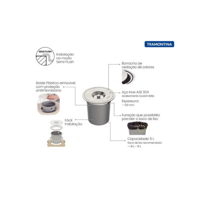 Lixeira de Embutir em Aço Inox Clean Round 5 litros 94518/005