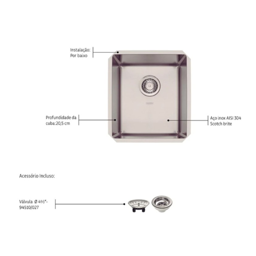 Cuba Quadrum Undermount 34 Aço Inox Scotch Brite 34x40cm Tramontina 94004112