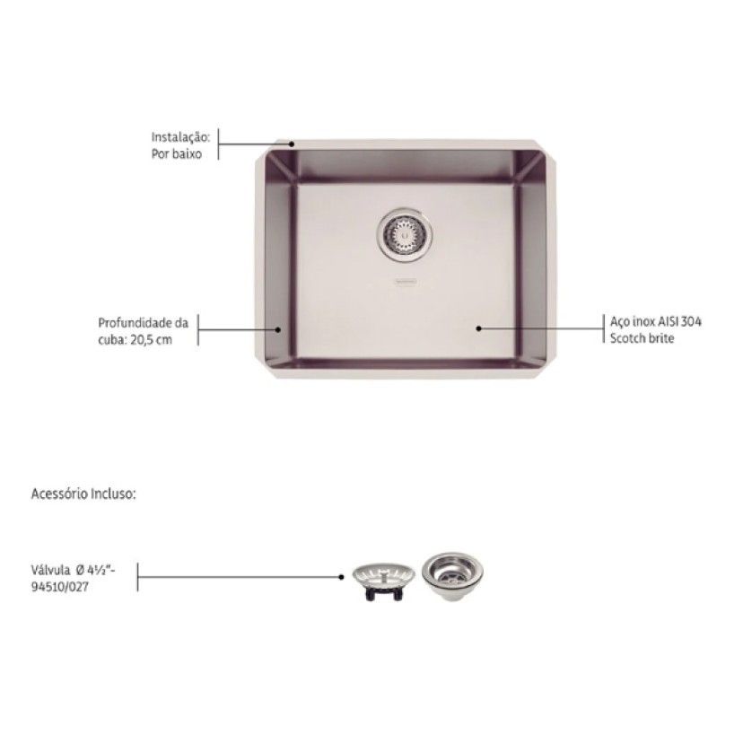 Cuba Quadrum Undermount 50U Aço Inox Scotch Brite 50x40cm Tramontina 94007112