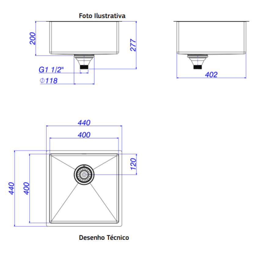 Cuba de Cozinha Quadrada 40cm Inox Deca Suprema - CC.660.40.INX