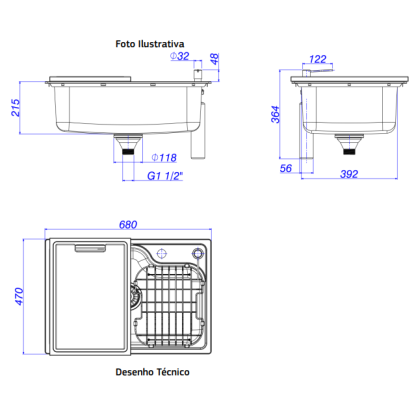 Cuba Cozinha Retangular 60X40cm com Deck e Acessorios Inox Deca Facile - CC.660.60.DKAC.INX