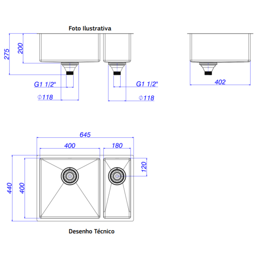 Cuba Dupla de Cozinha Retangular 60X40cm 40/18 Inox Deca Suprema - CC.660.60.DUO.INX