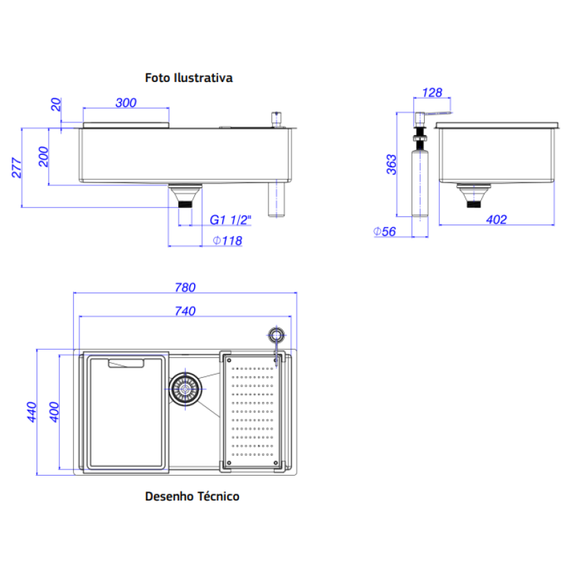 Cuba Cozinha Retangular 75X40cm com Acessórios Inox Deca Suprema - CC.670.75.AC.INX
