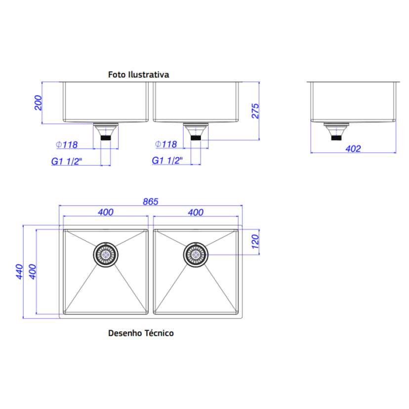 Cuba Dupla de Cozinha Retangular 80X40cm Inox Deca Suprema - CC.670.80.DUO.INX
