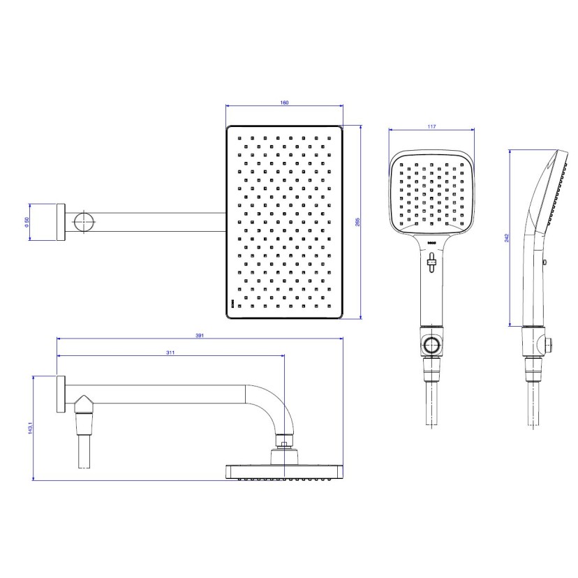 Chuveiro Retangular Parede com Desviador e Ducha Manual Flex Max Black Matte Deca 2086.BL.DES.MT