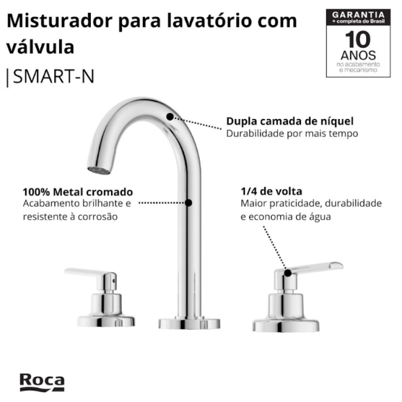Misturador de Mesa Bica Alta Para Lavatório com Válvula De Escoamento Roca Smart-N B50001CCRB