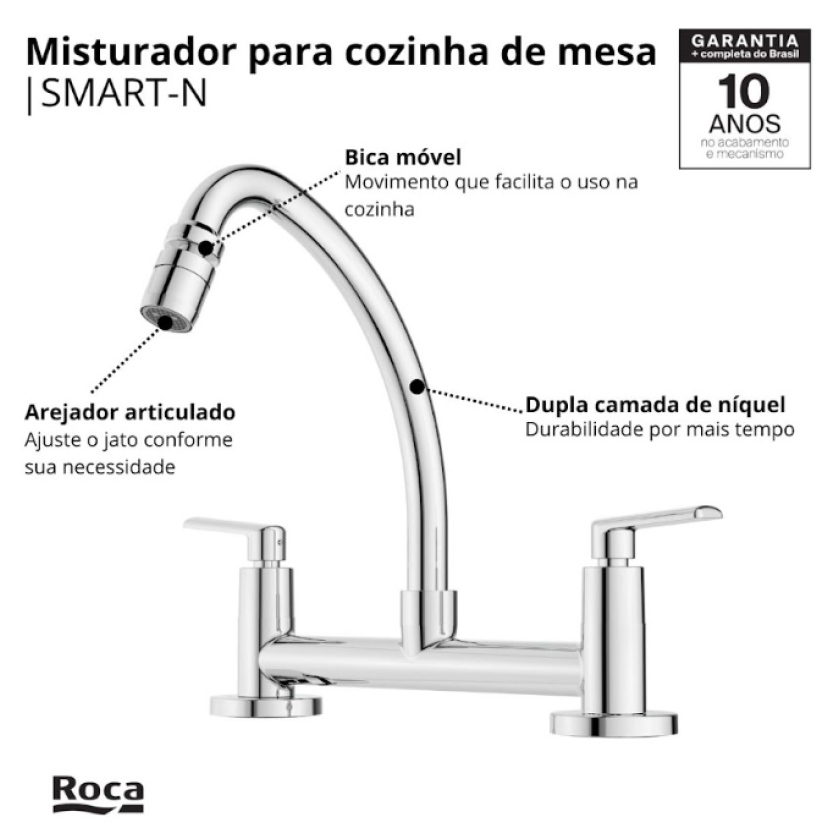 Misturador de Mesa Bica Móvel  Com Arejador Articulado para Cozinha Roca Smart-N B50091CCRB