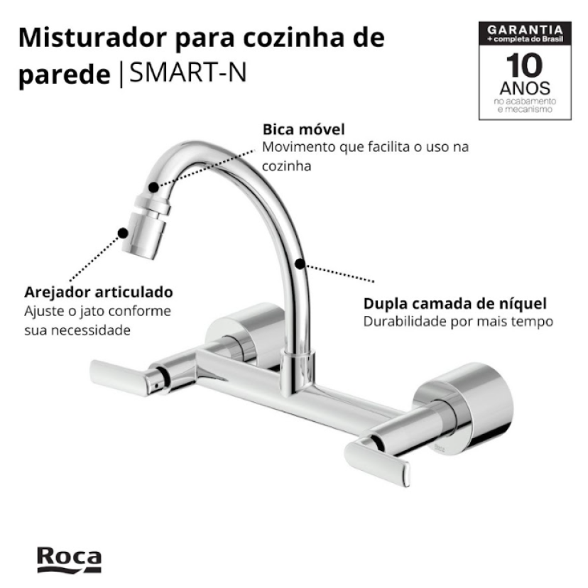 Misturador de Parede Bica Móvel Com Arejador Articulado para Cozinha Roca Smart-N B50101CCRB