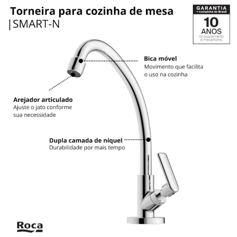 Torneira de Mesa Bica Móvel com Arejador para Cozinha Roca Smart-N B50111CCRB