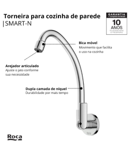 Torneira de Parede Bica Móvel com Arejador para Cozinha Roca Smart-N B50121CCRB