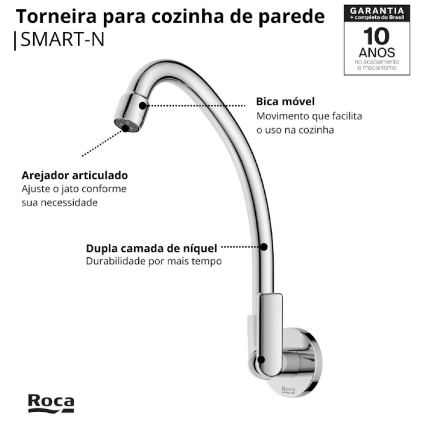 Torneira de Parede Bica Móvel com Arejador para Cozinha Roca Smart-N B50121CCRB