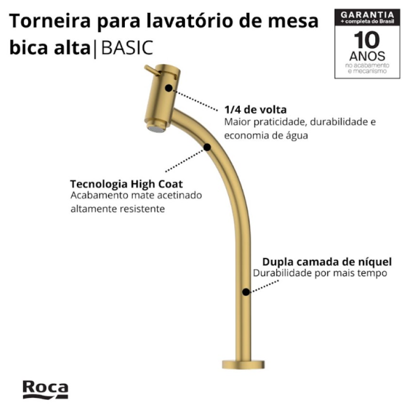Torneira de Mesa Bica Alta para Lavatório Roca Basic Gold Matte B5055C7R1B