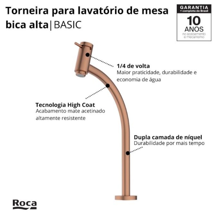 Torneira de Mesa Bica Alta para Lavatório Roca Basic Rose Gold Matte B5045C7R2B