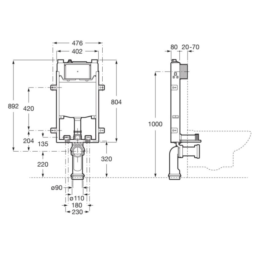 Caixa embutida Roca com dupla descarga para bacia suspensa alvenaria B890070120