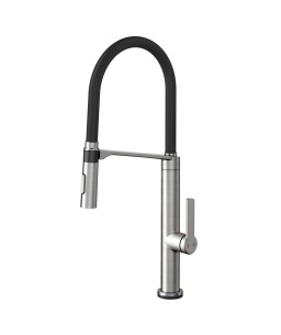 Monocomando de mesa para cozinha Doc Vox inox escovado com mangueira preta 016221BI