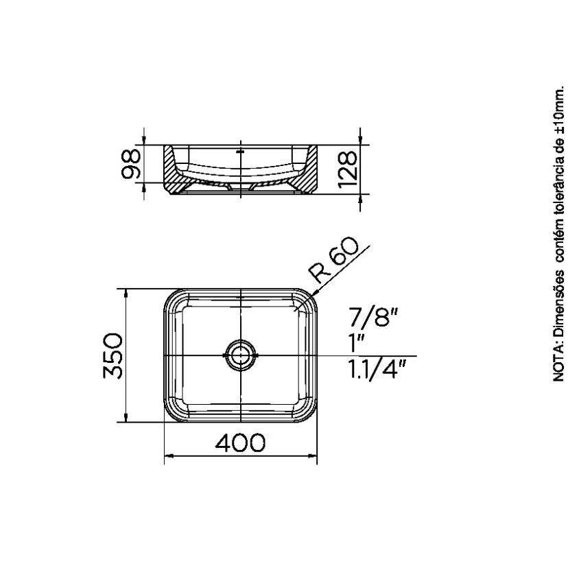 Cuba de apoio retangular 400x350x128mm 01539726