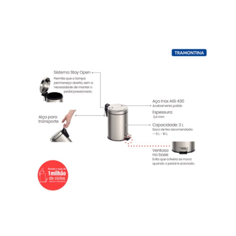 Lixeira Inox com Pedal Tramontina Brasil Polido 3L 94538/103